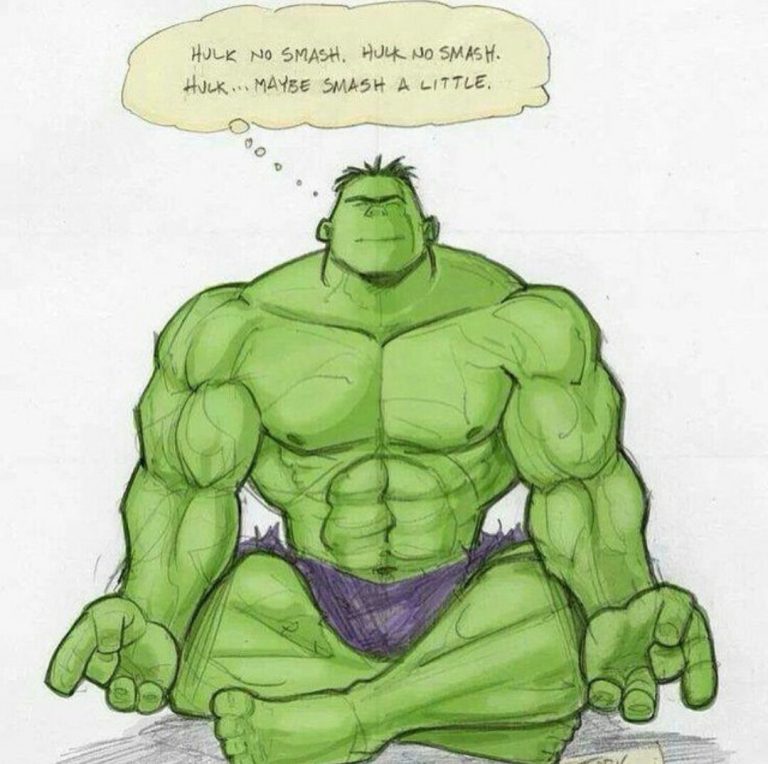 The incredible Hulk Big green monster Marvel super hero sitting cross-;egged in a meditation pose