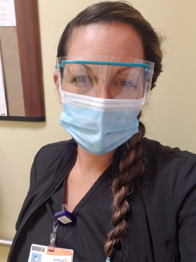 alex in her scrubs face mask face shield